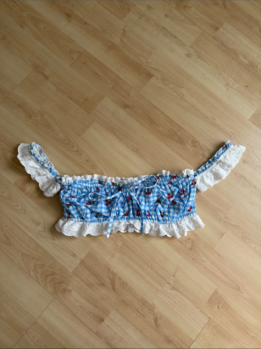 Urban Outfitters Blue Gingham Off-Shoulder Crop Top with White Lace M